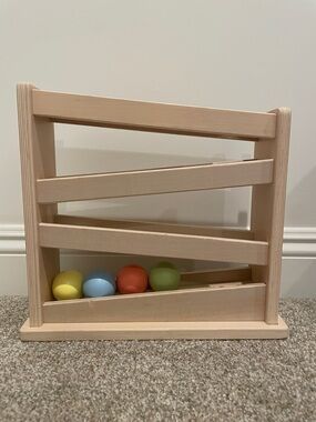 Pottery Barn Kids Natural Wood Ball Run with Yellow, Blue, Red, Green Balls